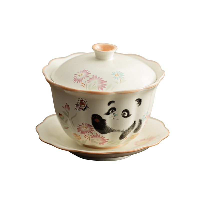 Màu be Dingyao gấu trúc chơi bướm miệng hoa nụ hoa ba cái nắp bát đựng trà gốm sứ dễ thương bộ pha trà đơn bát uống trà
