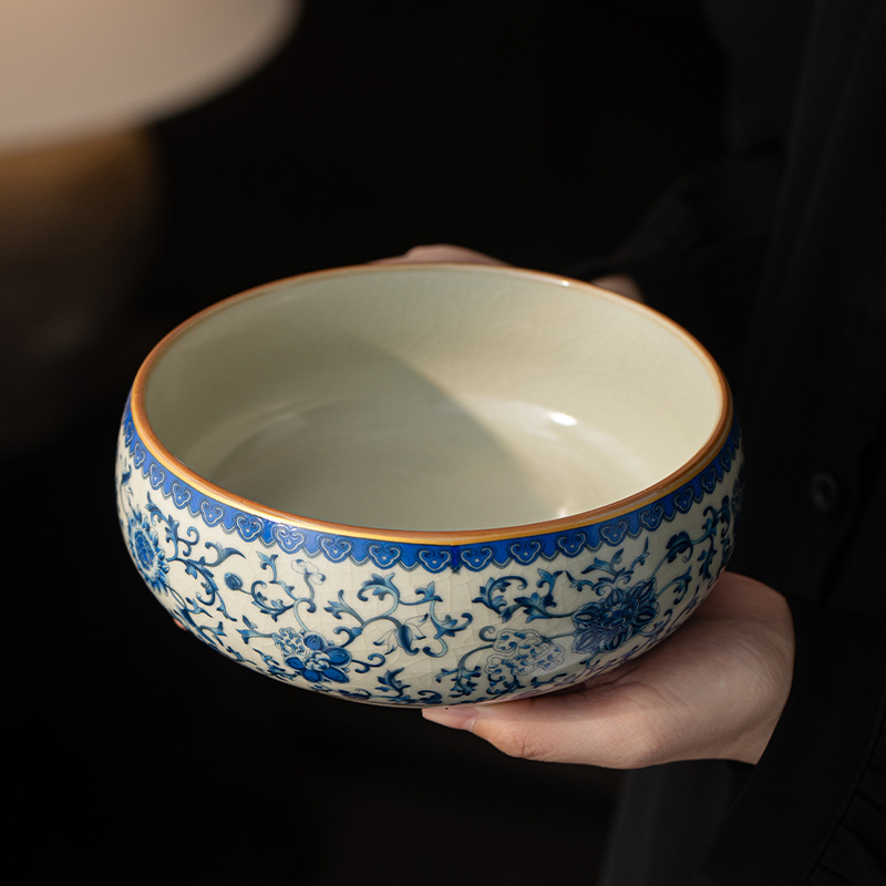 Chậu rửa trà gốm sứ hoa sen xanh trắng Ru Kiln cốc trà dung tích lớn rửa bã trà thùng nước thải phụ kiện trà đạo Kung Fu
