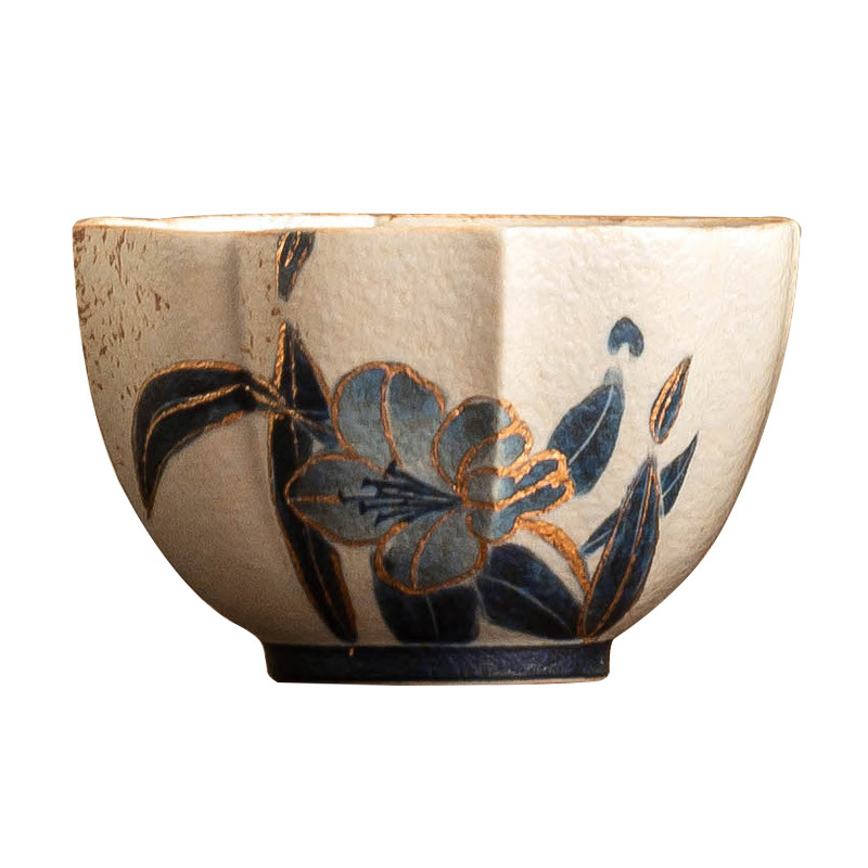 Cốc trà gốm đá lửa trắng xanh cốc chủ nhân cốc hoa huệ vẽ tay bằng vàng cốc uống trà cỡ lớn cốc trà gia dụng