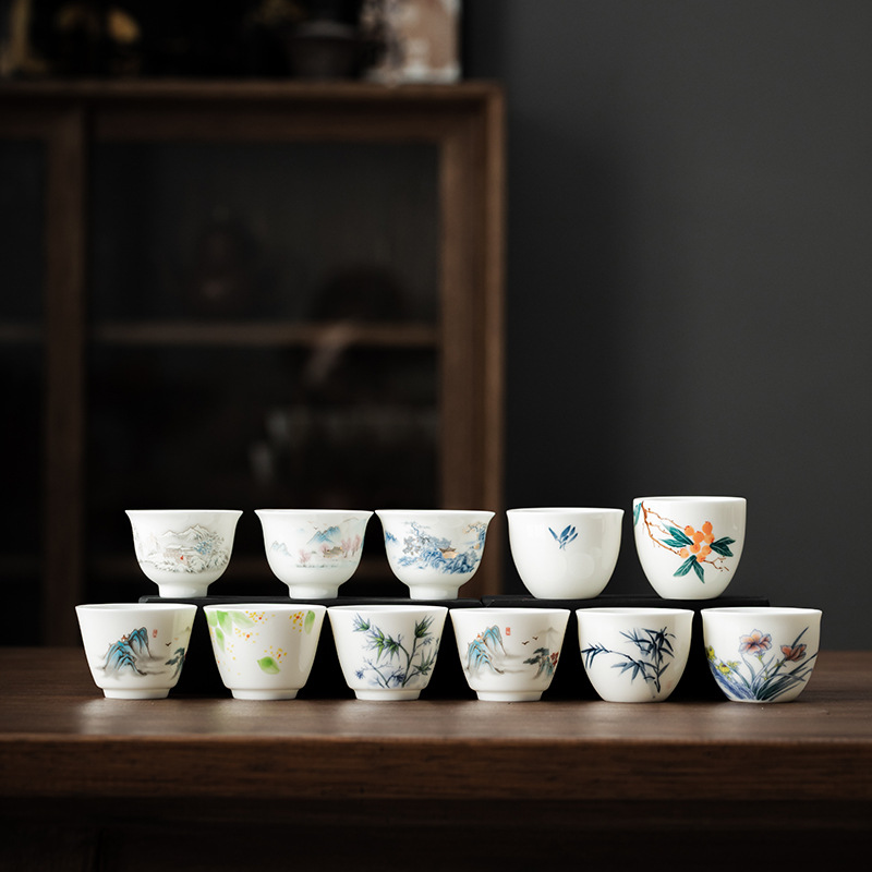 Cốc sứ ngọc bích vẽ tay hoàn toàn thủ công, cốc trà cá nhân cao cấp, cốc sứ trắng Dehua, cốc trà gia dụng