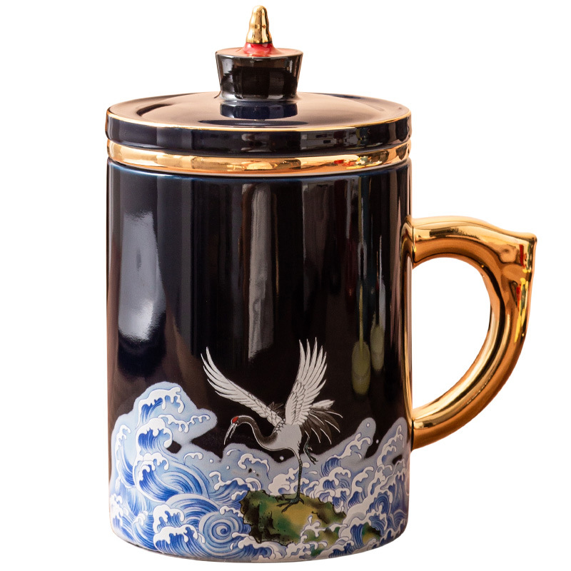 Cốc văn phòng gốm sứ Guochao tách trà tách trà có nắp lọc pha trà cốc nước phong cách cung điện tùy chỉnh Quà Tặng