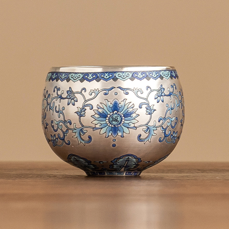 Cốc thiền mạ bạc năm sen may mắn cốc chủ nhân gốm sứ gia dụng cốc trà cao cấp sang trọng cốc trà ngon cốc uống trà kiểu Trung Quốc