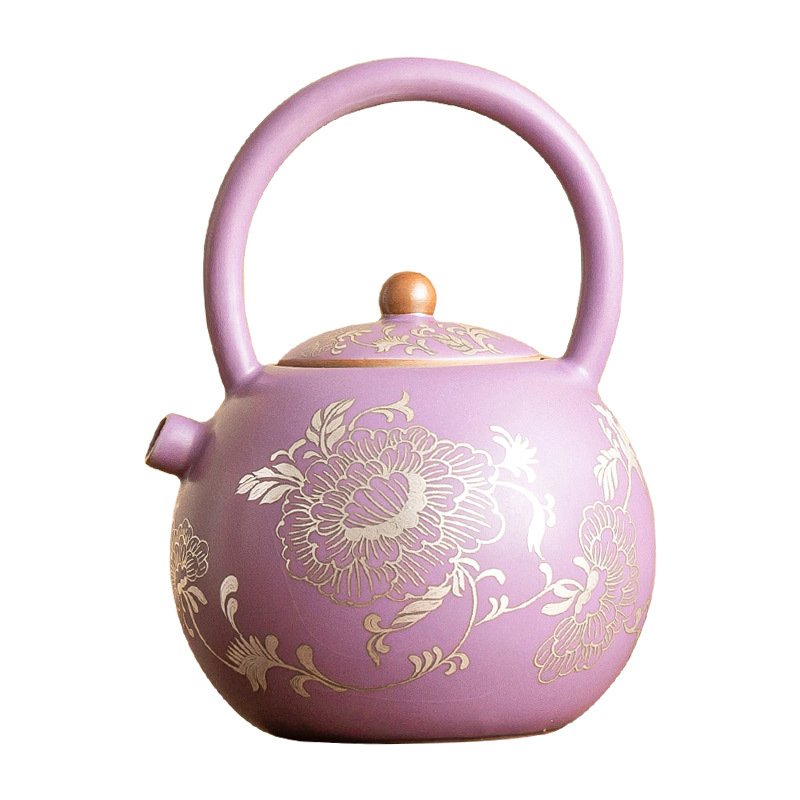Ấm trà gốm sứ đầy đủ chạm khắc hoa mẫu đơn bạc Ấm trà gốm sứ cao cấp để pha trà gia dụng nhỏ không nóng tay Bộ trà Kung Fu đơn