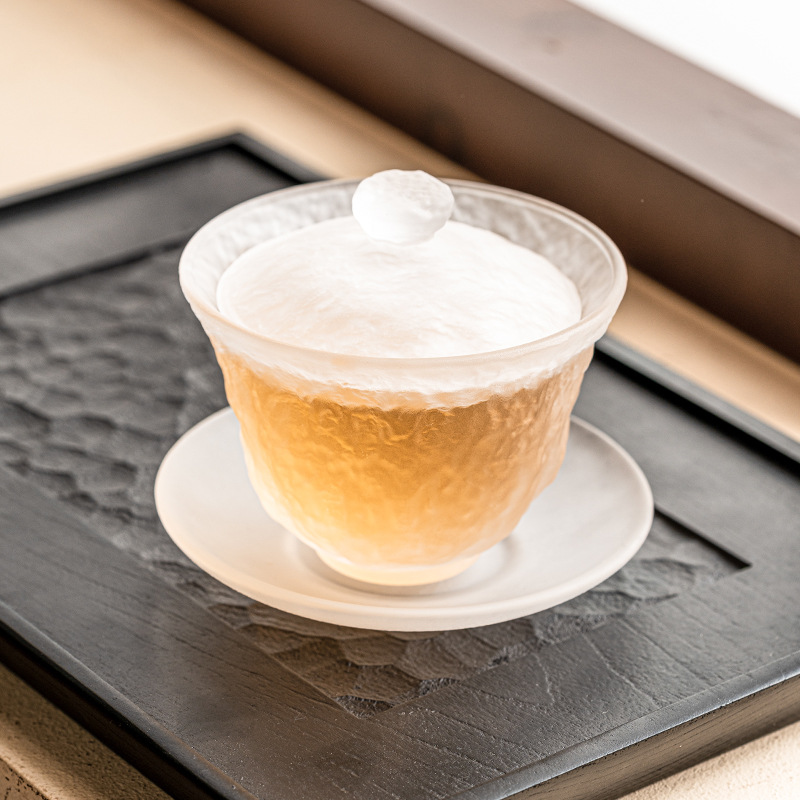 Bát trà có nắp Sancai Shangshen Liuli Bát trà trắng mờ kiểu Trung Quốc Có Nắp Bát Trà chống bỏng đơn gia dụng cao cấp