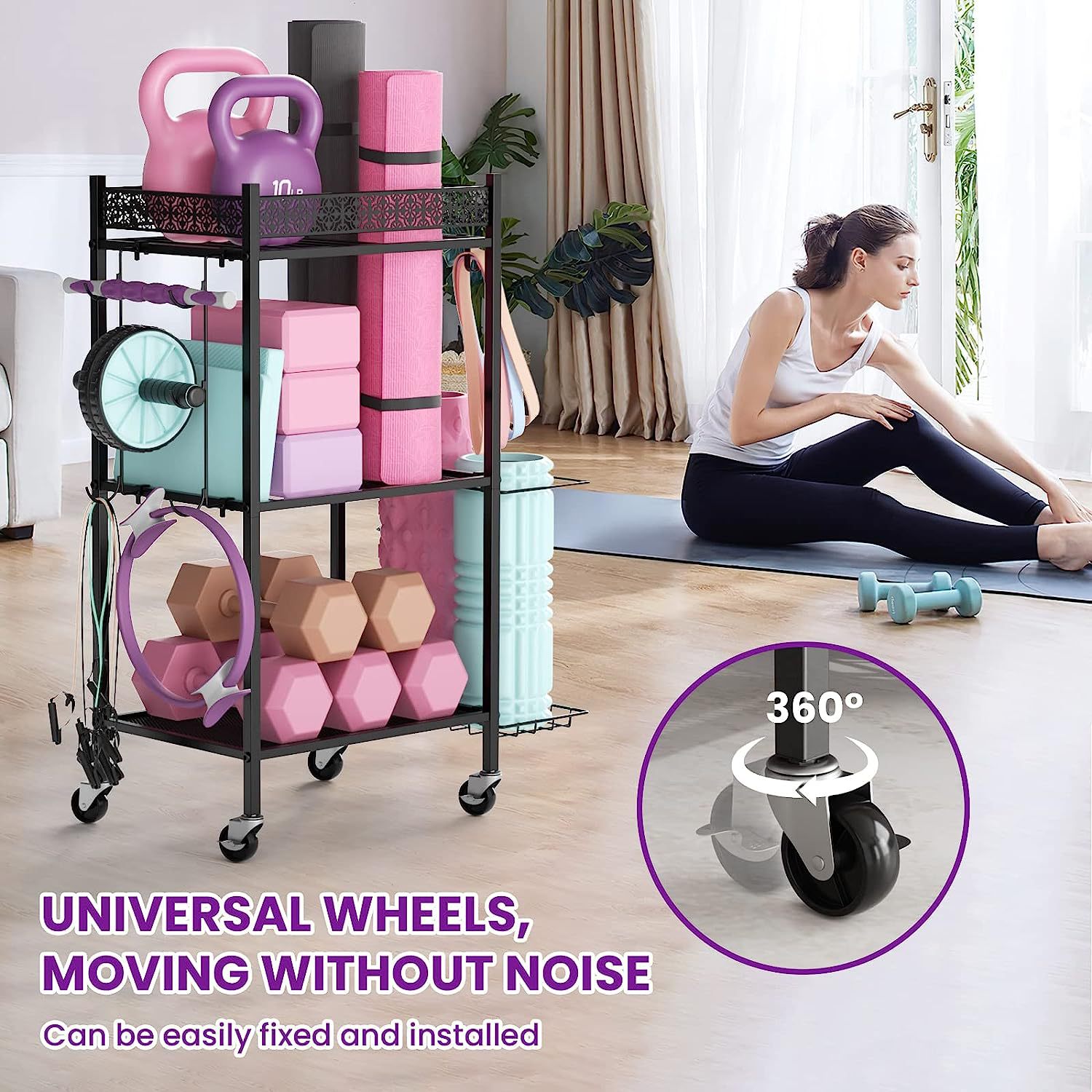 Kệ để đồ tập thể thao thảm tập yoga kệ để bóng rổ con lăn di động tạ kệ để đồ tập gym TBH98756