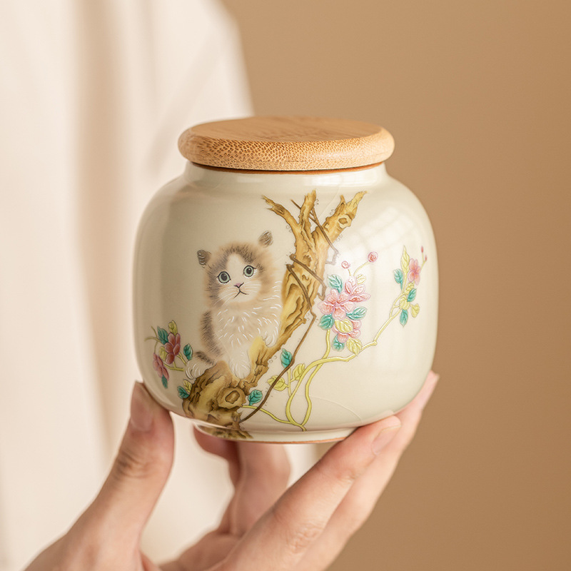 Hộp đựng trà Mengmao Ru Kiln, hộp đựng trà gốm sứ chống ẩm cao cấp gia dụng, Hộp đựng trà cầm tay cỡ nhỏ