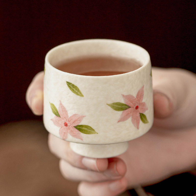 Cốc trà chân cao hoa anh đào trắng mỏ đá, cốc trà gốm sứ, cốc trà kiểu Trung Quốc mới, bộ trà Kung Fu, cốc nữ, cốc đơn