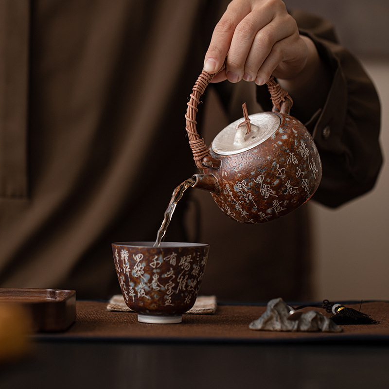 Bảy bát trà thơ mạ bạc mây đan chùm ấm pha trà cổ điển đất sét cũ lọc ấm đơn bộ trà Kung Fu hộp quà