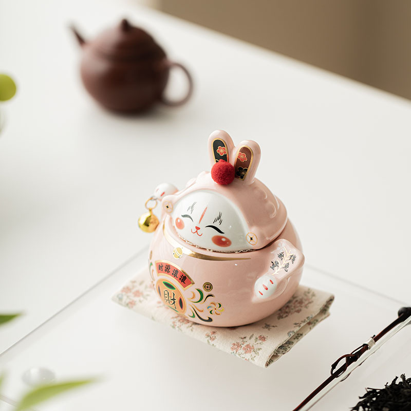 Hộp đựng trà thỏ may mắn, hộp đựng bằng gốm sứ gia dụng, hộp đựng trà chống ẩm kiểu Trung Quốc, đồ trang trí sáng tạo để bàn