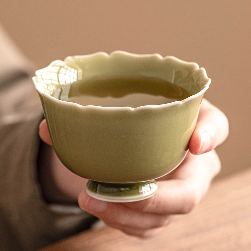 Cốc cánh hoa chân cao lò Yaozhou cốc trà Bộ trà Kung Fu cao cấp gốm sứ đơn cốc trà cá nhân cốc chủ nhân