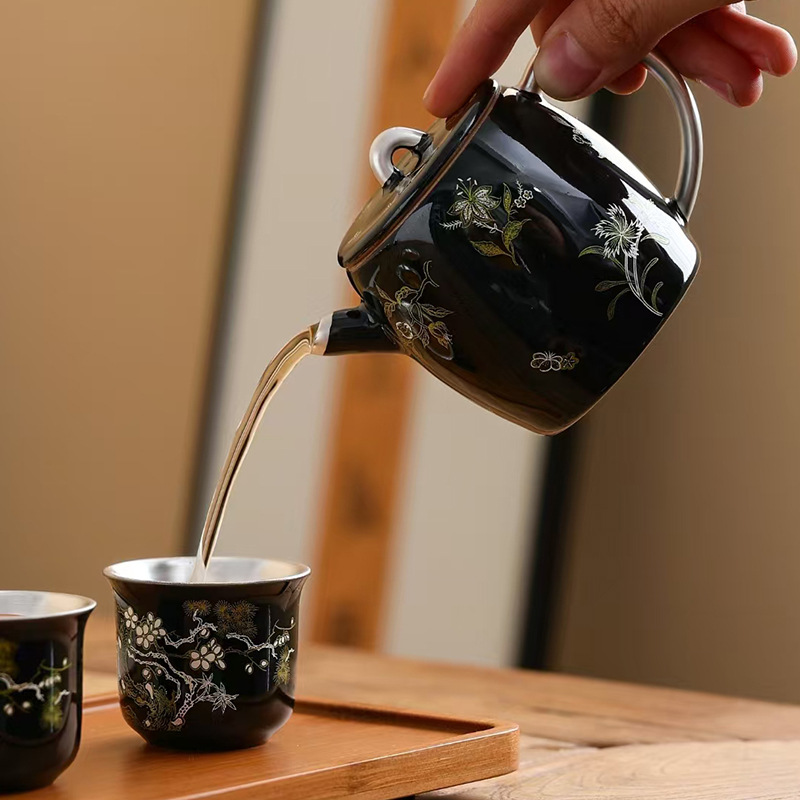 Khay trà bốn tách tráng men đen, bộ trà du lịch, cốc trà có nắp, dụng cụ pha trà Kung Fu, quà tặng ngày lễ