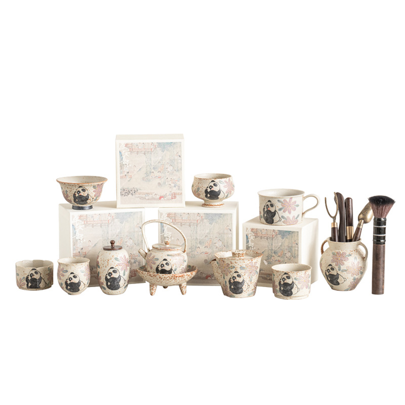 Vẽ tay gấu trúc chơi thế giới cốc trà nắp bát trà biển ấm trà phụ kiện trà đạo bộ trà sứ gia dụng kungfu đơn