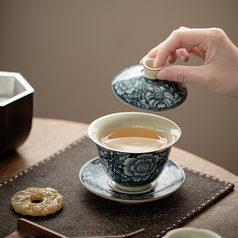 Bát Có Nắp Ba tài hoa trong lò Ru cổ, Bát pha trà gốm sứ có thể nuôi được, hộp quà, Bộ trà Kung Fu Trung Quốc