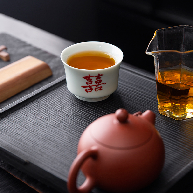 Cốc trà gốm sứ vẽ tay, cốc chủ nhân, cốc đổi miệng, bộ trà công phu đám cưới, cốc trà đính hôn đám cưới