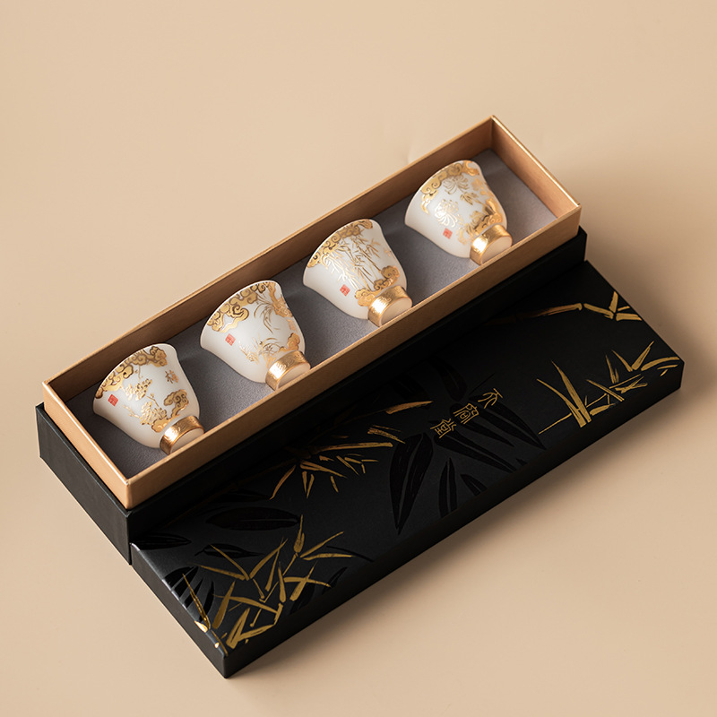 Bộ tách trà bốn quý ông bằng sứ đá vàng, mận, lan, trúc, cúc, cốc chủ nhân, cốc trà gốm sứ, cốc trà, cốc thơm