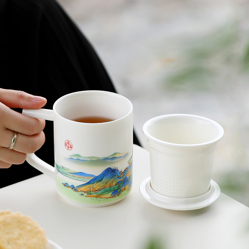 Cốc văn phòng sứ trắng Qianli Jiangshan cốc pha trà lọc có nắp cốc nước cá nhân gia dụng cốc cốc đựng quà tặng tay