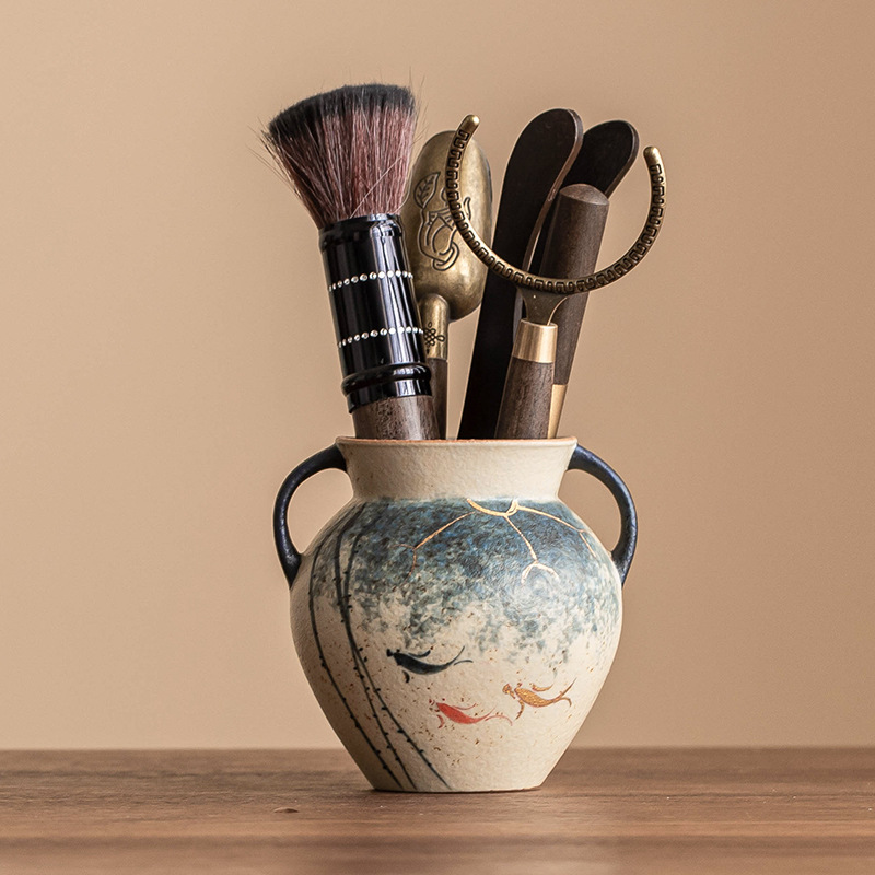 Trà đạo đỏ đá lửa trắng xanh sáu quý ông vẽ tay vàng hoa sen koi cao cấp phụ kiện trà kung fu bình hoa