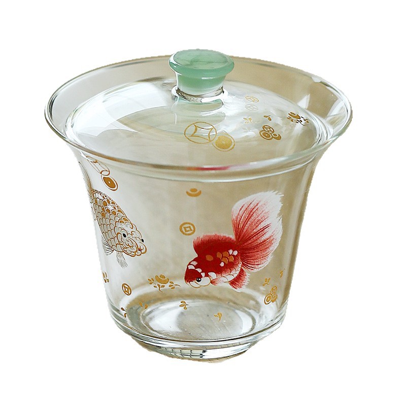 Bộ ấm chén trà Kung Fu bằng thủy tinh borosilicat cao cấp, họa tiết cá thủ công, tô trà xanh.