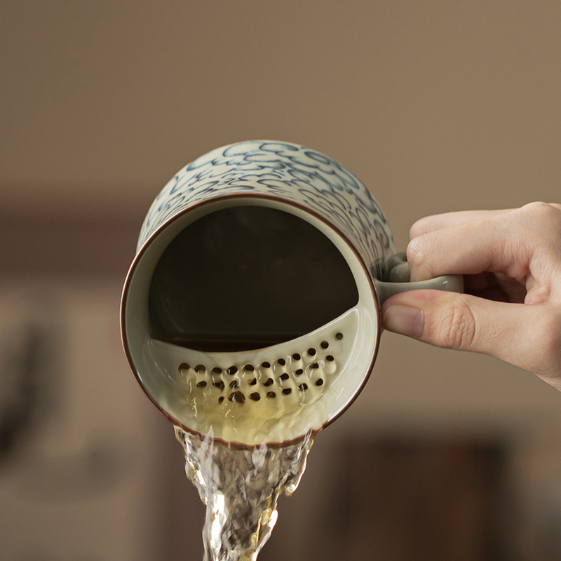 Ly sứ uống trà kiểu cổ Ru Kiln hình mặt trăng lưỡi liềm, có nắp, tách trà nước rời, có thể tháo rời.