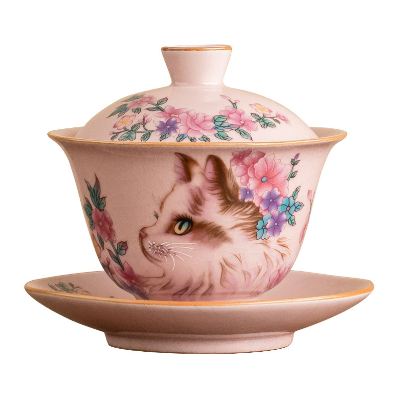 Cốc trà nắp mèo hoa Ruyao, cốc trà, gốm sứ mở, bát trà ba tài có nắp, bộ trà đặc biệt dành cho nữ, giá trị cao