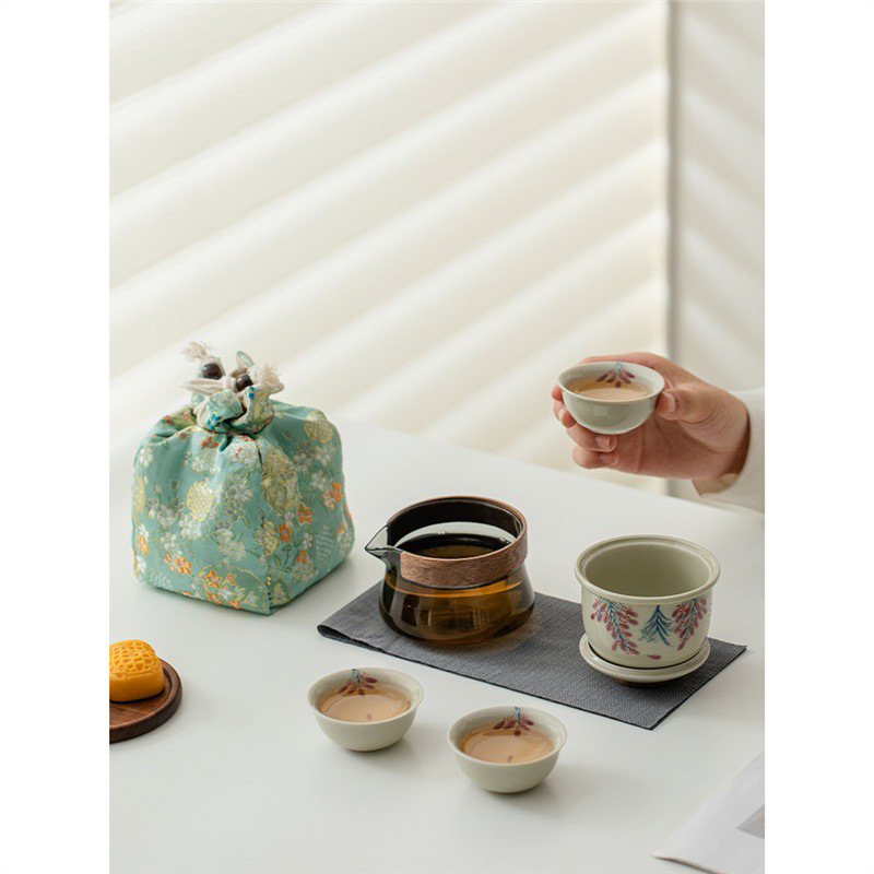 Vẽ tay hoa tử đằng, thực vật, màu xám, cốc khách nhanh, bộ trà du lịch gốm sứ, bộ trà di động ngoài trời, một bình ba cốc