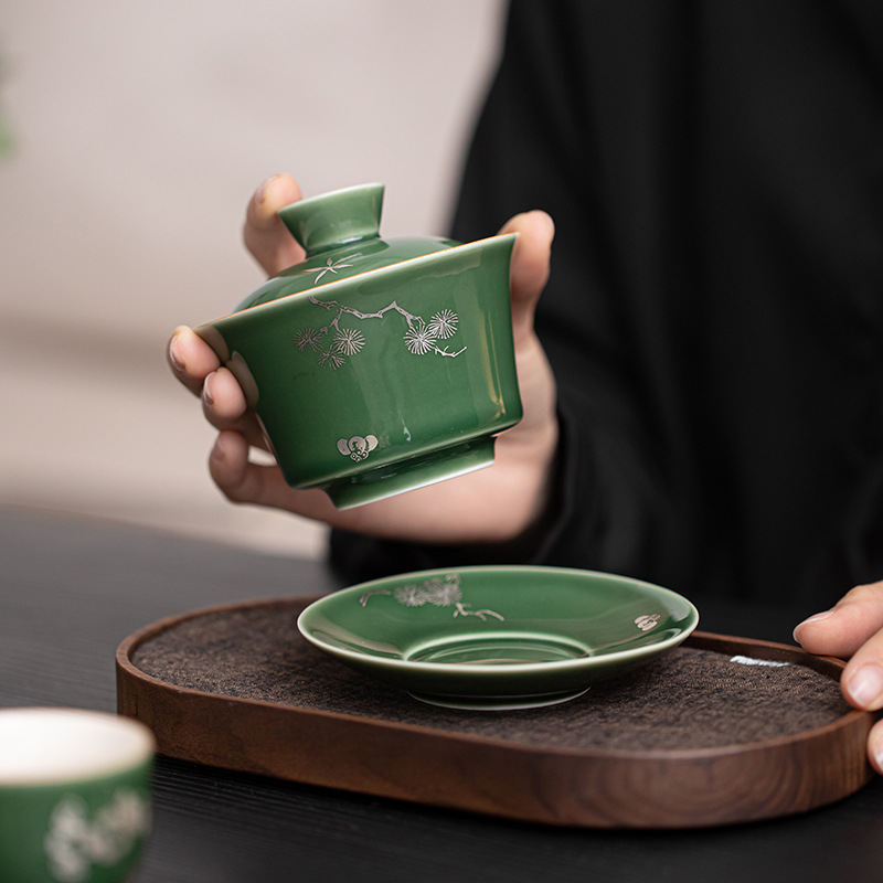 Màu xanh lá cây hương thơm tối ô rộng ba chỉ bát có nắp gốm sứ cốc trà lớn bát trà