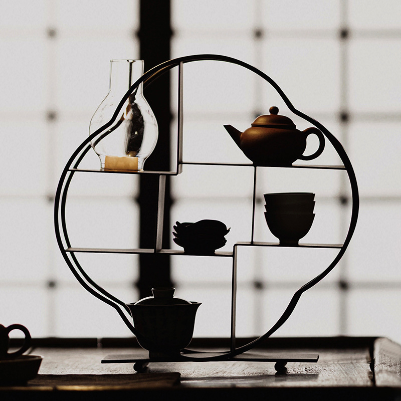 Hộp đựng trà sắt mỹ thuật, Bộ trà ấm trà, Giá đựng cốc trà, đồ trang trí nhà kiểu Trung Quốc mới, nhà mẫu, kệ Bogu trưng bày, trang trí mềm