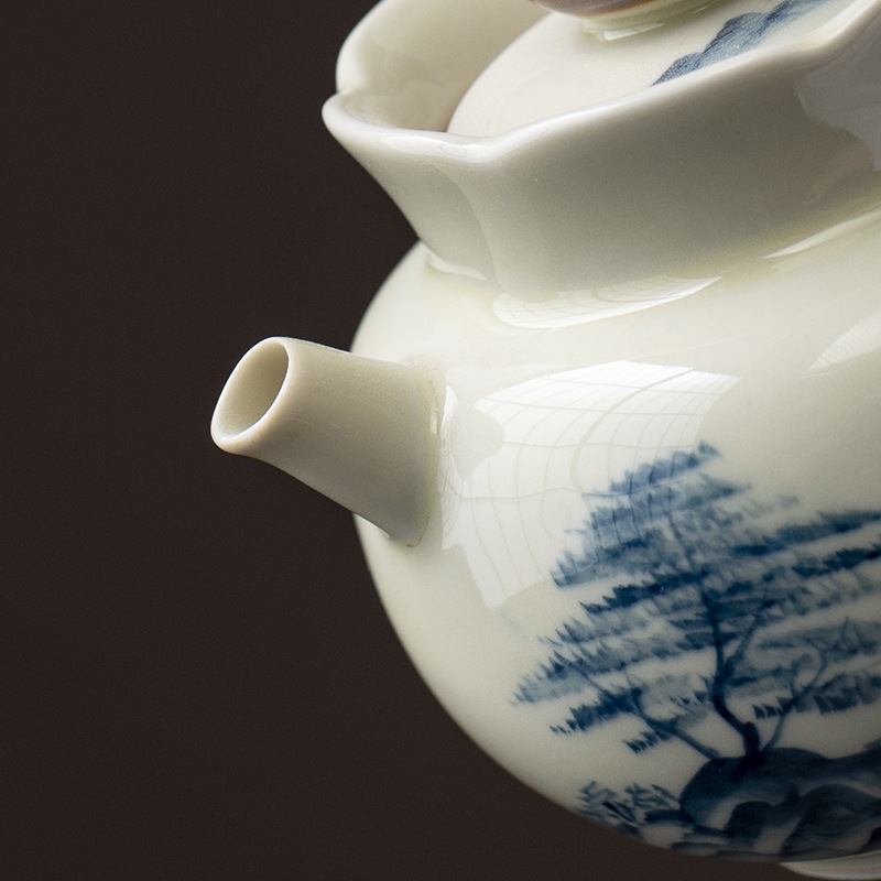 Ấm trà vẽ tay tráng men với phong cảnh tro gỗ, ấm đơn có lỗ lọc bóng, bộ trà kung fu gia dụng cao cấp để pha trà.