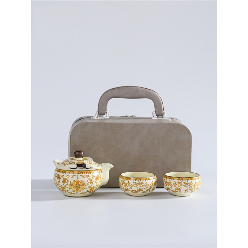 Bộ ấm trà du lịch lò Ru màu be, một ấm hai cốc, cốc khách nhanh di động ngoài trời, bát pha trà chống bỏng