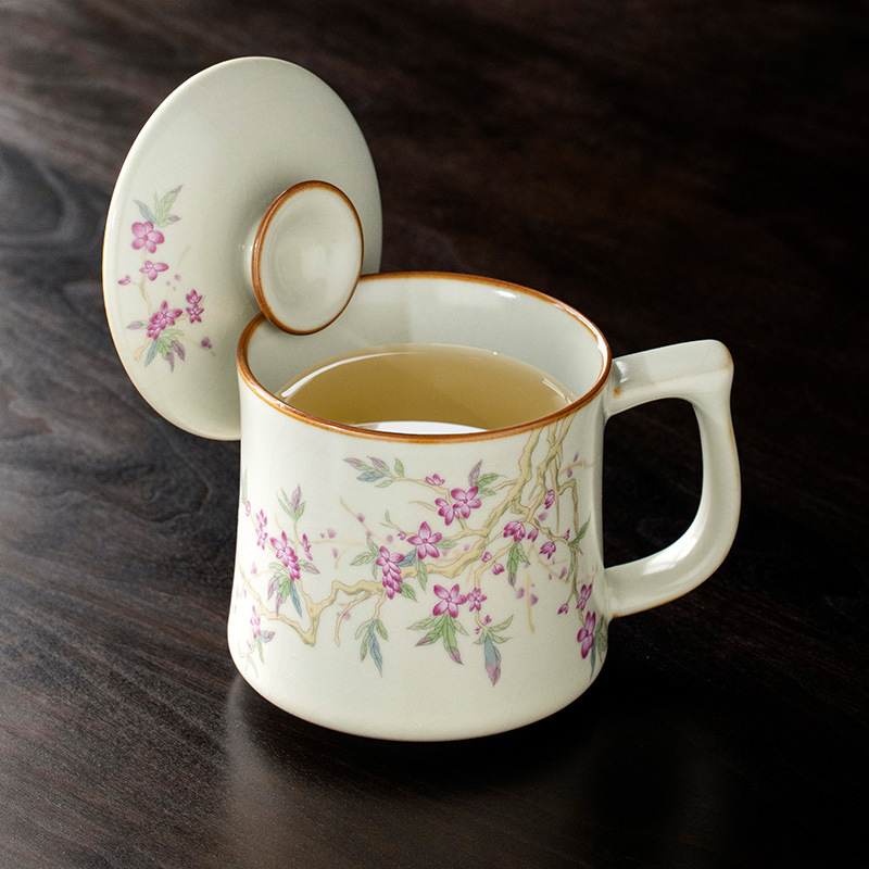 Cốc pha trà bột cành đào Ruyao cốc sứ cốc văn phòng chuyên dụng cá nhân cốc nước có nắp