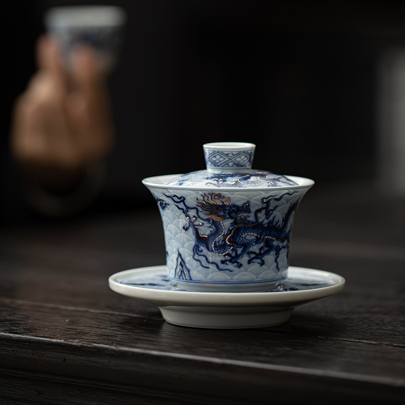 Bát có nắp tam tài hoa văn rồng sai vàng bạc bát pha trà đá không nóng gia dụng kiểu Trung Quốc cổ điển cao cấp gốm sứ