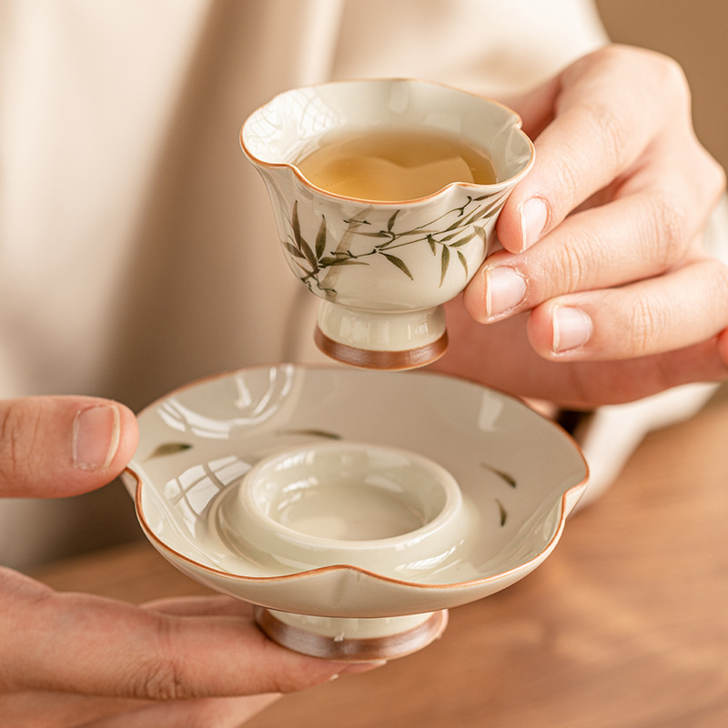 Đĩa cốc chân cao cánh hoa măng tây vẽ tay cốc chủ nhân chuyên dụng cá nhân cao cấp kiểu Trung Quốc cốc trà cách nhiệt chống bỏng