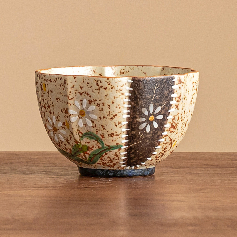 Cốc trà cổ cốc chủ nhân màu đỏ đá lửa trắng sơn vàng vẽ tay hoa cúc nhỏ cánh sen cốc trà gia dụng dung tích lớn