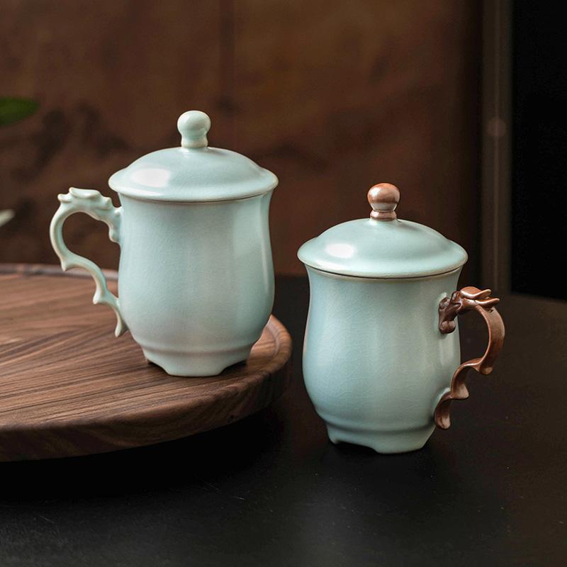 Cốc mug lò Tianqing Ru có nắp cốc văn phòng rồng màu lục lam cốc gia dụng cốc uống trà cốc nước sang trọng cốc sứ