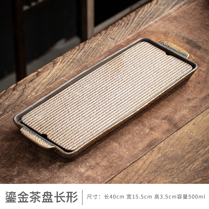 Nhà sản xuất Bán Buôn Đồ gốm thô Tráng men vàng bàn pha khô Bộ trà Kung Fu hình chữ nhật đơn giản lưu trữ nước khay trà đạo không khớp