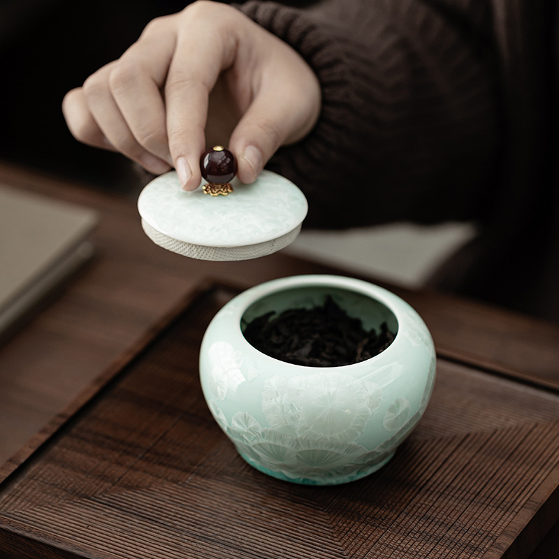 Bình đựng trà bụng tròn màu xanh lục tinh thể đá, bình gốm, bình đựng trà gia dụng, bình đựng đồ, phụ kiện bộ trà, bình đựng đồ