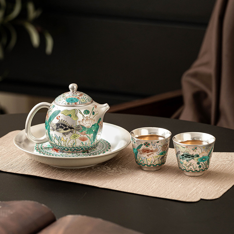 Bộ ấm trà hoa văn tảo và cá mạ bạc 999 nhà máy gửi quà tặng ngày lễ cho người lớn tuổi, giáo viên và cha mẹ