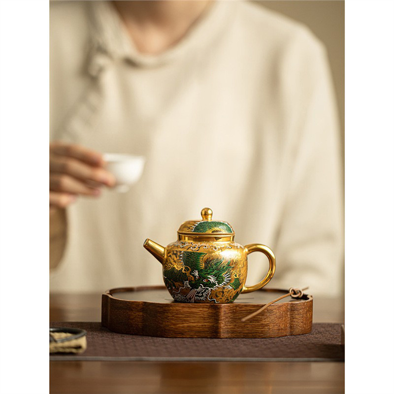 Ấm trà rồng xanh mạ vàng ấm pha trà thủ công gốm sứ cao cấp ấm pha trà công phu gia dụng ấm trà đơn hộp quà