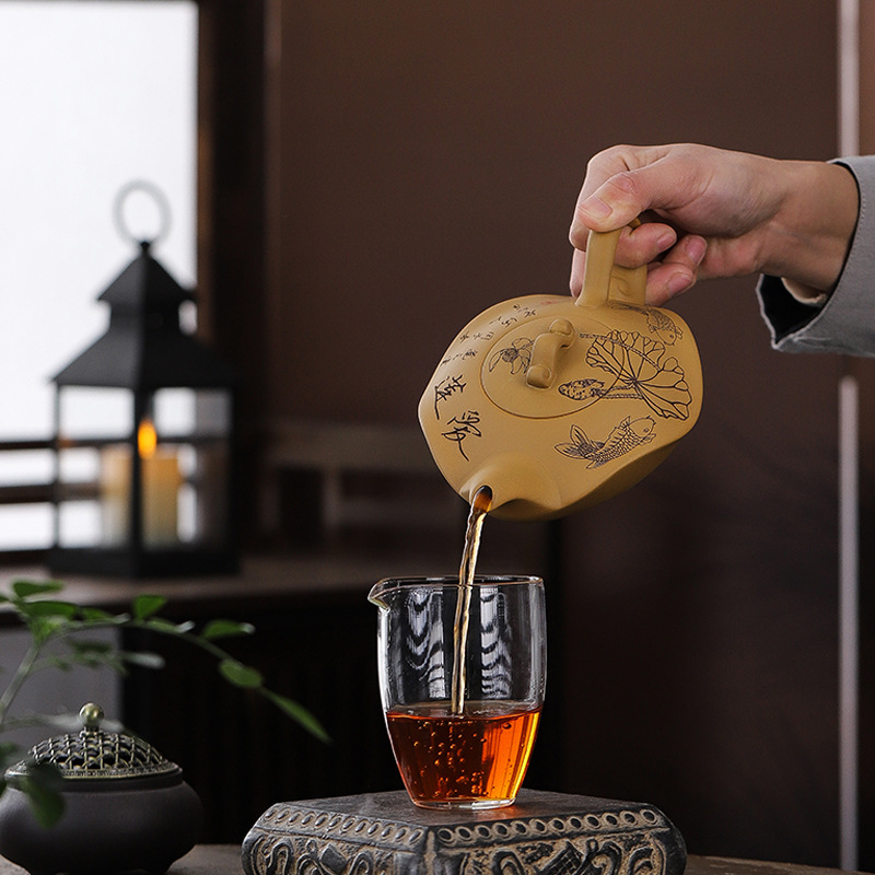 Ấm trà cát tím loại A, bộ trà, bình sen lá sen vàng cá tính, ấm trà cao cấp 350cc, hộp quà, ấm phượng