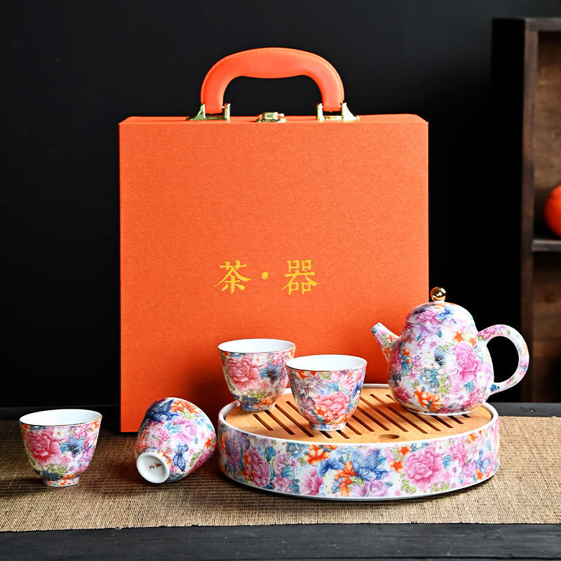 Bộ ấm trà tráng men cao cấp, tách trà sang trọng nhẹ văn phòng quà tặng, khay pha khô, ấm pha trà tinh tế gia dụng, hộp quà