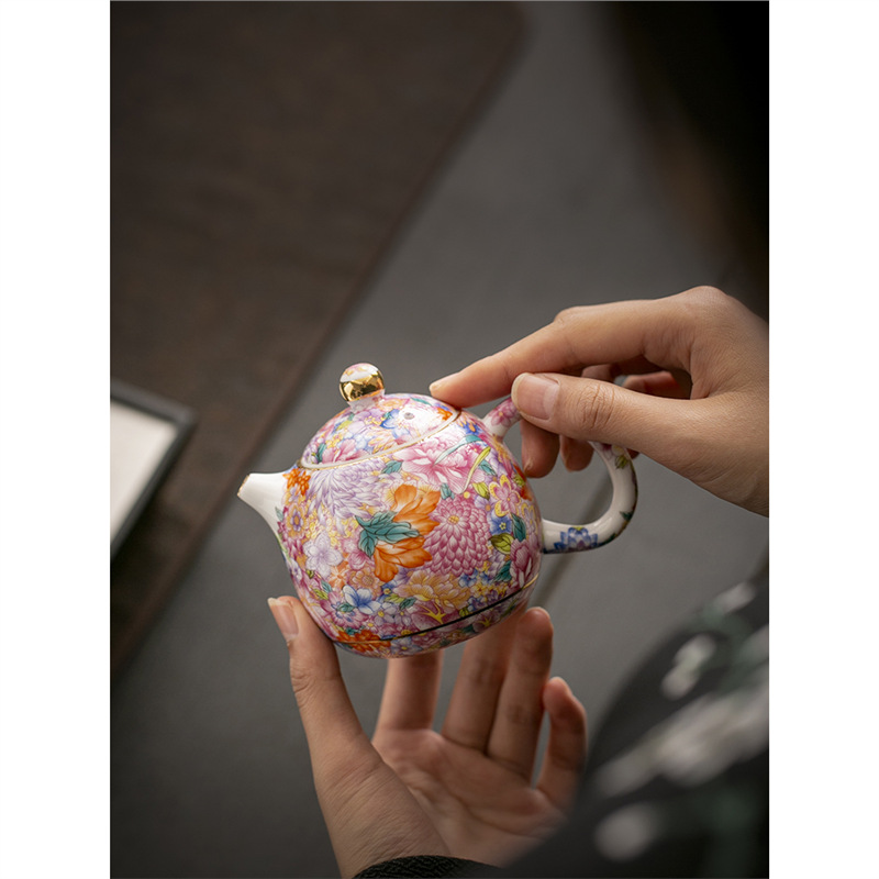 Ấm trà nhỏ tráng men ấm trà đơn ấm trà vạn hoa tươi mát dụng cụ trà Kung Fu đơn ấm trà gốm sứ gia dụng ấm tay cầm