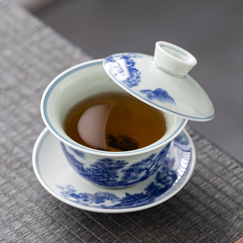 Bát trà đơn sứ trắng xanh cổ điển bát trà tam tài kính bát có nắp gốm sứ bộ trà Kung Fu gia dụng gốm sứ cỡ lớn