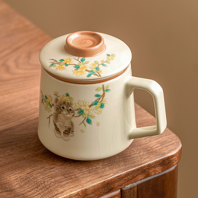 Cốc trà mèo dễ thương Ru Kiln cốc tách trà cốc cốc cốc cốc nước văn phòng cá nhân có nắp đậy bằng gốm hộp quà