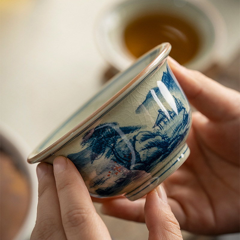 Jingdezhen cũ gốm đất sét làm thủ công màu xanh và trắng phong cảnh cốc chủ nhân gốm sứ vẽ tay Bộ trà Kung Fu tách trà cốc đơn