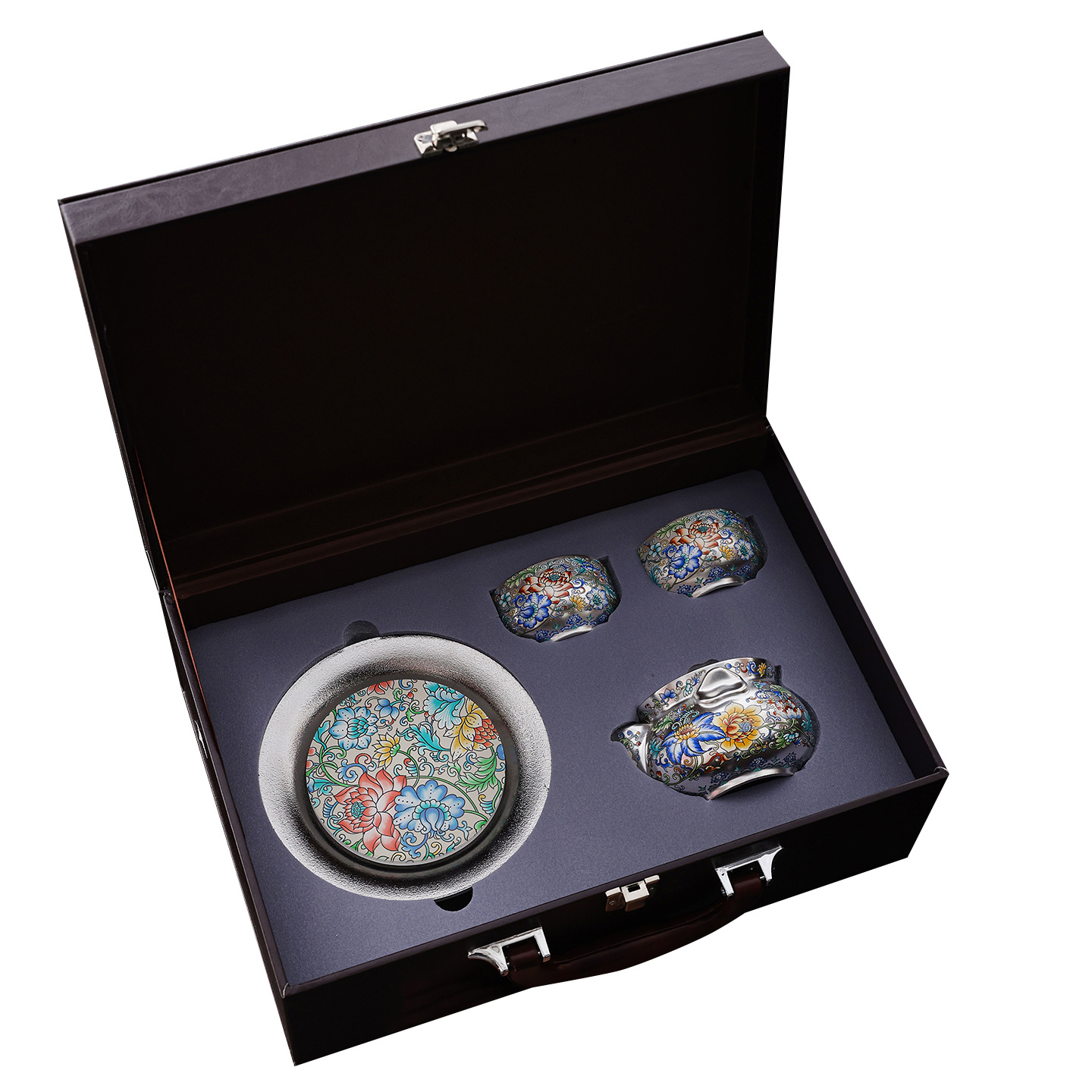 Bộ ấm chén bạc sterling mạ vàng, tráng men, họa tiết chỉ vàng, họa tiết rồng phượng, quà tặng sáng tạo