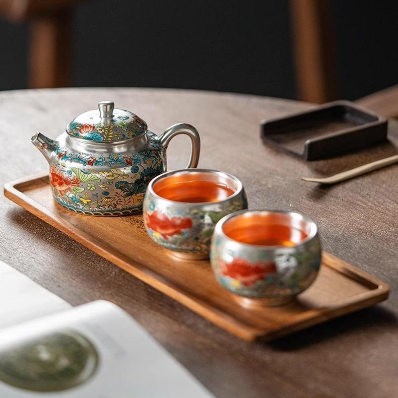 Zhou Hongjie làm thủ công mạ bạc hoa văn cá tảo ấm trà Hàn Quốc dụng cụ pha trà gia dụng cao cấp ấm trà công phu sang trọng ấm trà