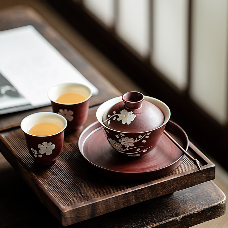 Bát có nắp bằng bạc vẽ tay màu đỏ táo gai màu hồng, bát có nắp Ba tài năng chống bỏng, Bộ trà Kung Fu đơn, bát pha trà gia dụng cổ điển