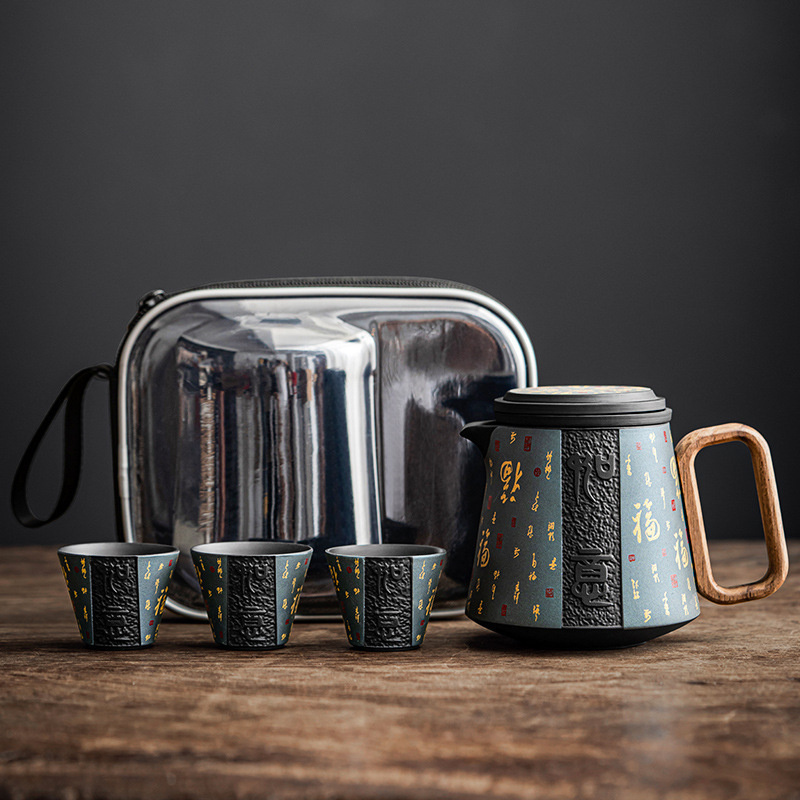 Bán buôn bộ ấm trà du lịch di động thủy tinh bộ cốc nhanh Cốc du lịch ngoài trời ấm trà di động cốc trà một ấm Ba cốc