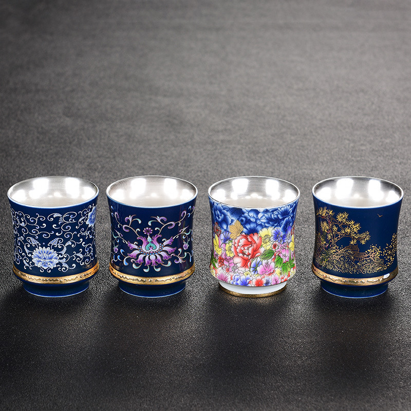 Cốc trà lót bằng bạc 999 cốc chủ nhân gốm sứ bộ trà Kung Fu cỡ lớn đơn chén trà chữ lưu niệm bán buôn