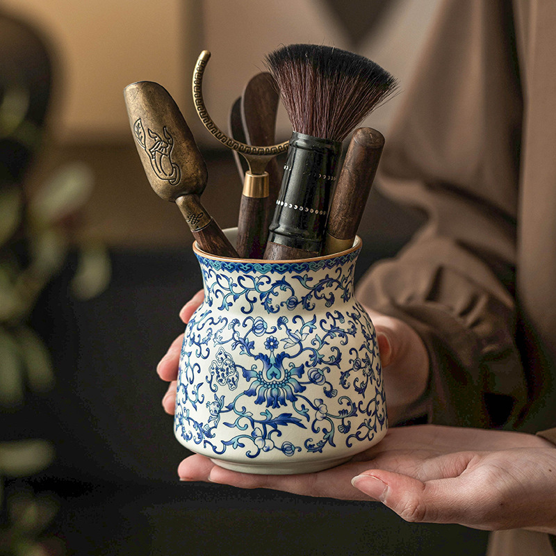 Trà đạo gốm sứ sáu quý nhân Ru lò trắng xanh bộ trà cành sen phụ kiện rửa trà gia dụng dụng cụ pha trà trọn bộ rửa bút